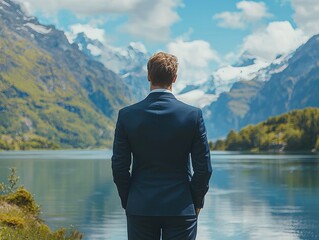 Fototapeta premium A man in a business suit enjoying the tranquil scenery around his workplace