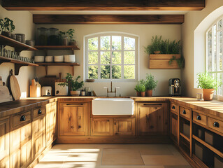Fototapeta premium Spacious country kitchen with a deep farmhouse sink and rich wooden cabinetry