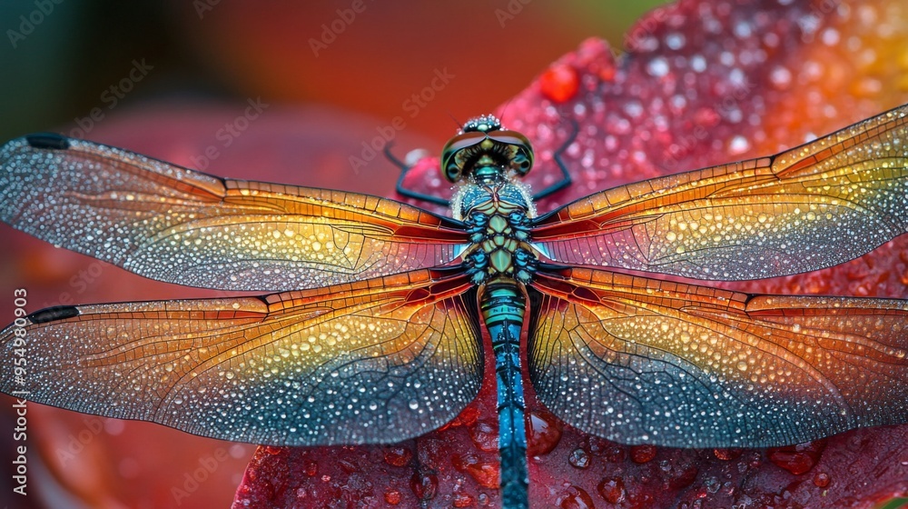 Poster A macro shot of a dragonfly resting on a dewy leaf, with its intricate wings and vivid colors clearly visible against the backdrop of the leaf texture.