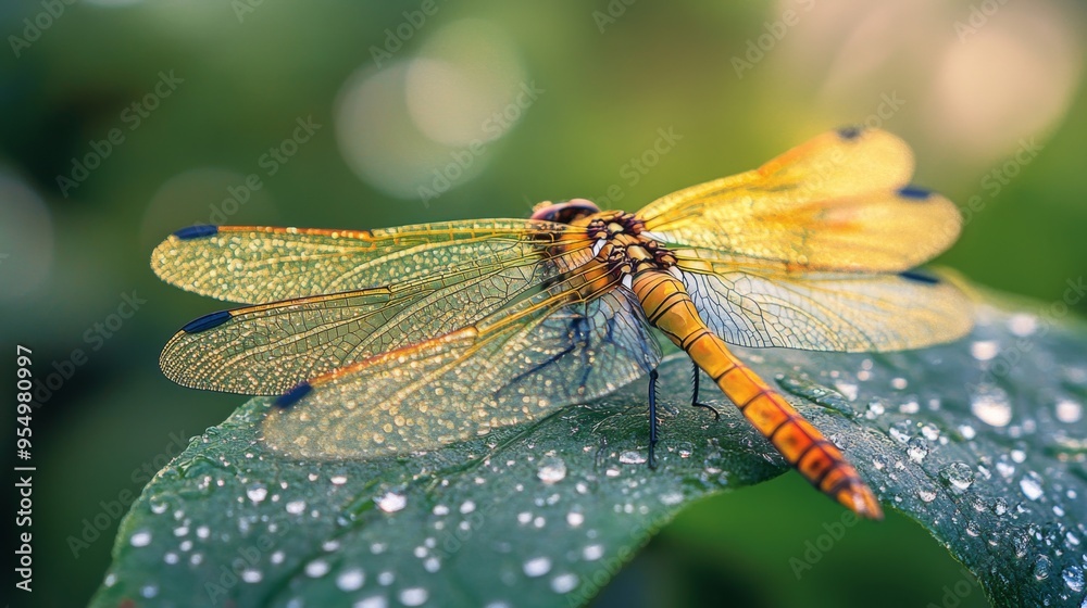Poster A macro shot of a dragonfly resting on a dewy leaf, with its intricate wings and vivid colors clearly visible against the backdrop of the leaf texture.