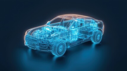 Naklejka premium A futuristic 3D holographic of a car showcasing detailed components and technology in vibrant neon colors.
