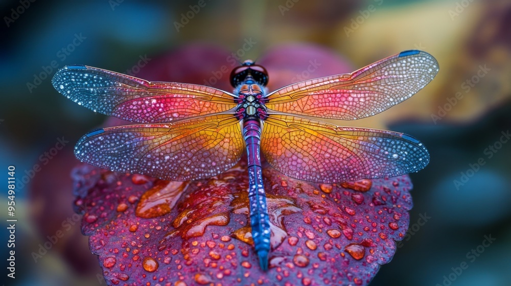 Poster A macro shot of a dragonfly resting on a dewy leaf, with its intricate wings and vivid colors clearly visible against the backdrop of the leaf texture.