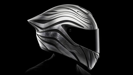 Naklejka premium A futuristic motorcycle helmet with a stylized metal design features wave-like patterns on a black background