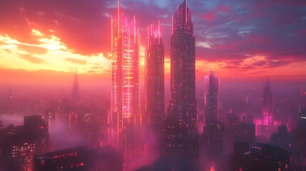 Futuristic Cityscape with Neon Lights at Sunset