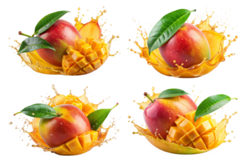Set of fresh mango with splashing juice and leaves png.