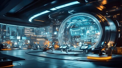 Fototapeta premium Futuristic Control Room Interior Design With Cityscape View