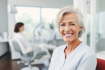 Fototapeta premium Portrait of a white American senior woman at dentist office