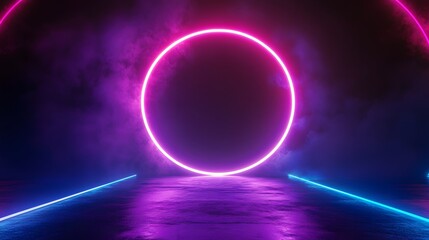 Obraz premium Technology blue and purple circle light stage on black background