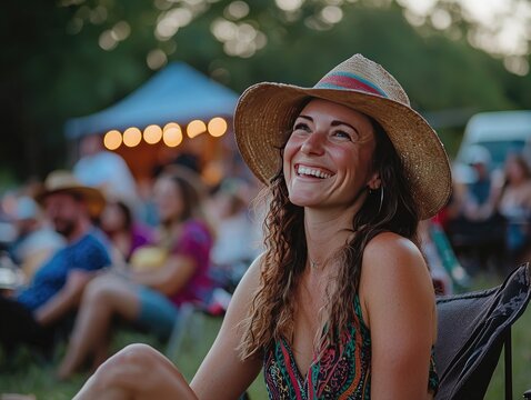 Smiling attendees enjoy a park event with outdoor concerts and food trucks