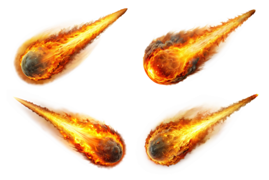 Set of burning meteor flying with fire trail png