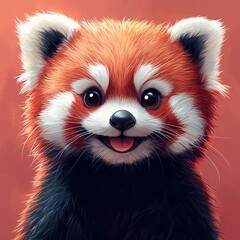 Obraz premium Cute cartoon red panda smiles. Pastel colors background. Perfect content for wallpaper, postcards, posters, fabric, napkins and other creative projects
