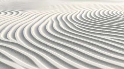 A serene close-up of smooth, wavy patterns in white sand, evoking tranquility and natural beauty, perfect for any aesthetic.