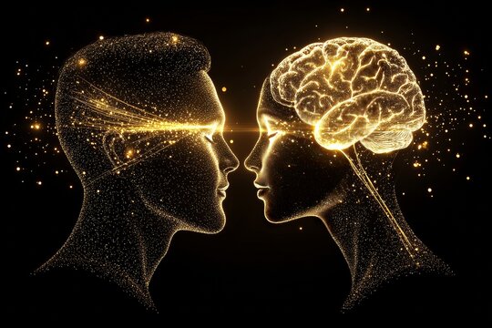 Astrocytoma Conscious Digital art of a couple with illuminated brain patterns symbolizing the fusion of ideas and the dynamic intellectual connection between partners