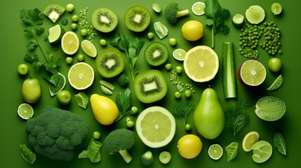 Large collection of green fruit and vegetable pieces and slices top view. Neural network ai generated art