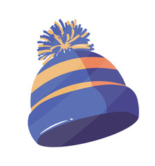 Winter hat with colorful stripes in blue orange and yellow flat vector illustration. Perfect for highlighting winter accessories and apparel with a stylish and cozy design.