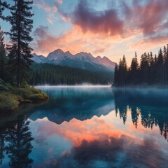 Fototapeta premium A serene mountain landscape at sunrise, with mist rolling over a forest and a clear blue lake reflecting the vibrant colors of the sky