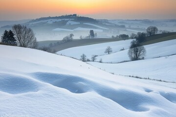 A tranquil winter landscape featuring rolling snow-covered hills and a soft sunrise, creating a serene and peaceful atmosphere.