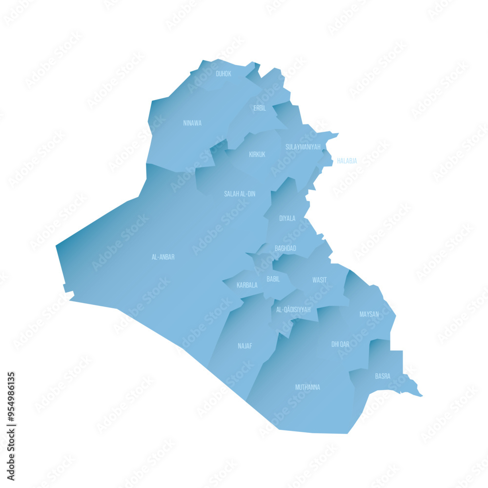 Poster iraq political map of administrative divisions - governorates and kurdistan region. shaded vector ma