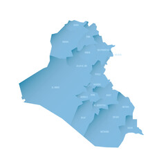 Iraq political map of administrative divisions - governorates and Kurdistan Region. Shaded vector map with 3D-like blue gradient and name labels