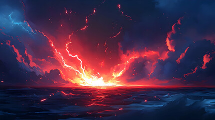 Fiery Sunset Over The Ocean With Lightning Strikes and Dramatic Clouds