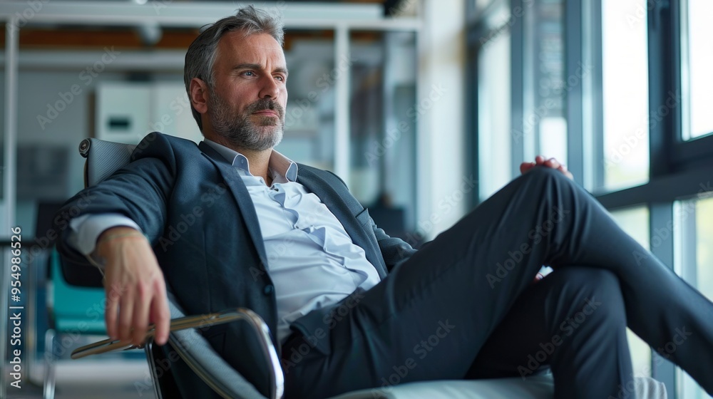 Poster a man in a suit is sitting in a chair with his hands on his lap