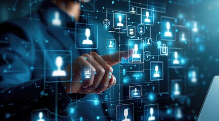 Business professional interacting with digital interface showcasing network of user profiles