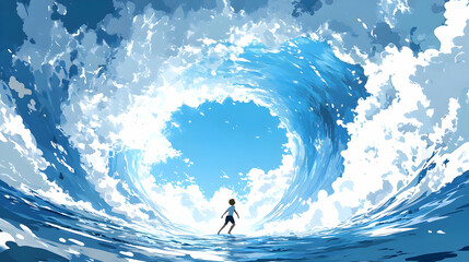 Fototapeta premium A Small Figure Stands Before a Towering Wave, a Blue and White Abstract Background Animation, Perfect for Relaxation and Meditation