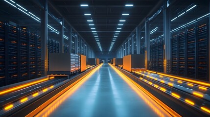 Fototapeta premium Futuristic Server Room with Conveyor Belts and Orange Lights