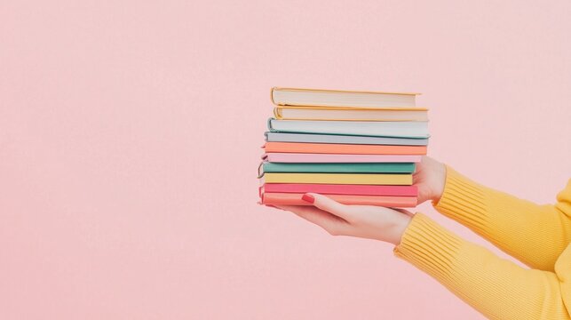  woman's hand holding a stack of colorful books on a light pink background