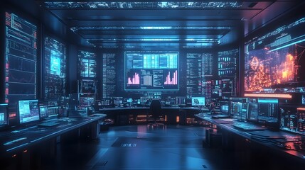 Fototapeta premium Futuristic Tech Control Room with Computer Screens