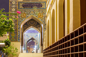 The Iranian Mosque (Imam Hussein Mosque) in Dubai, entrance hall with colorful tiles facade,...