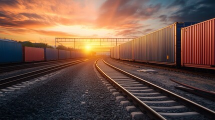 Obraz premium Trains with cargo containers on railway tracks