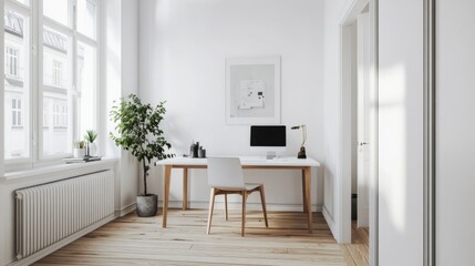 A modern Nordic home office with a minimalist desk, white walls, and wooden flooring, featuring natural light and simple, functional decor.