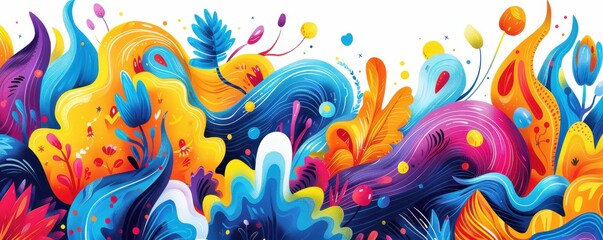 Vibrant abstract doodle with colorful shapes and splashes, perfect for modern and creative backgrounds. Free copy space for text.