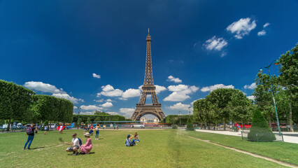 Eiffel Tower on Champs de Mars in Paris timelapse hyperlapse, France