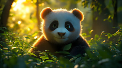 Fototapeta premium A Cute Panda Bear Sitting in a Lush Green Forest with Sunlight Streaming Through the Trees