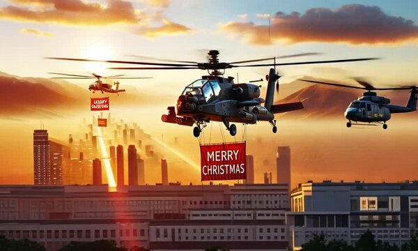 an apache helicopter was carrying a banner that read merry christmas