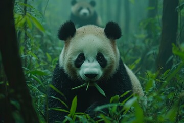 Obraz premium A Close-Up of a Panda Eating Bamboo in a Lush Forest