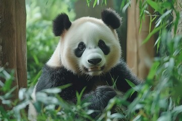 Fototapeta premium A Giant Panda Sitting in a Lush Green Forest