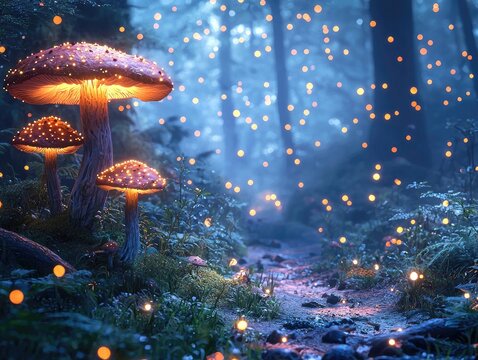 A magical forest with sparkling fireflies and whimsical mushrooms evokes wonder