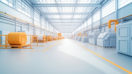 Bright and spacious industrial warehouse interior showcasing modern machinery and organized workflow in a clean environment.