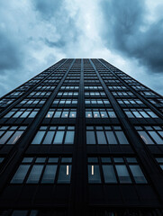 A dramatic view of a modern skyscraper under a stormy sky, showcasing urban architecture and reflections in the glass windows.