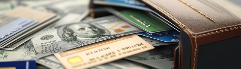 Close-up of a wallet filled with cash, bills, and credit cards, showcasing personal finance and modern spending habits.