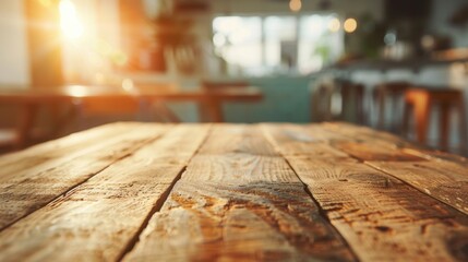 Naklejka premium A rustic wooden table captures warm light in a cozy cafe, creating an inviting ambiance for visitors to relax and enjoy their time