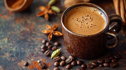 A close-up of freshly brewed coffee in a cup, with a mix of coffee beans and spices like cardamom scattered around.