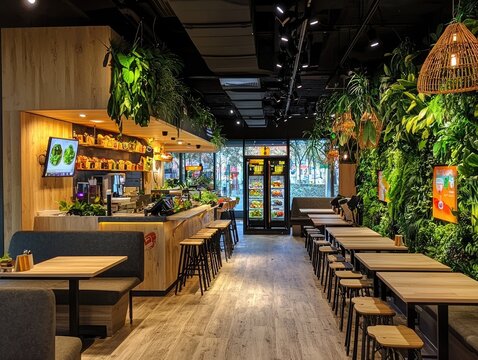 A modern restaurant with vegetarianthemed decor and digital payment options