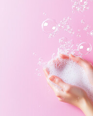 Fototapeta premium Gentle hands hold soft soap bubbles against a pastel pink background, evoking freshness and cleanliness.