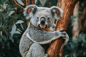 Obraz premium Close-up of a koala hugging a tree trunk in a eucalyptus forest