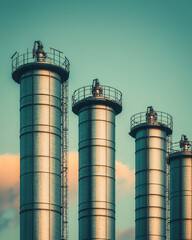 Industrial smokestacks rise against a pastel sky, showcasing modern architecture and the impact of industry on the environment.