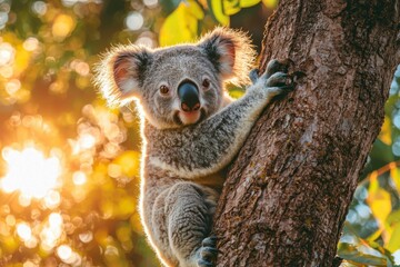 Obraz premium A Koala Perched on a Tree Branch in the Sunlight